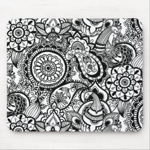 Tapis De Souris Joli floral paisley noir blanc