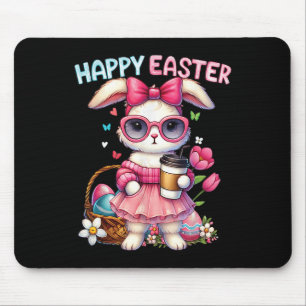 Tapis De Souris Joli lapin de Pâques Boire du café de glace Bow de
