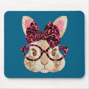 Tapis De Souris Joli lapin de Pâques patchwork avec lunettes et nœ