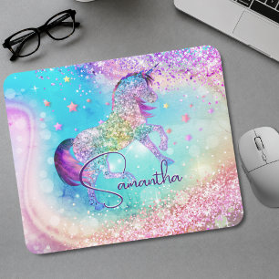 Tapis De Souris Joli licorne rose paillettes arc-en-ciel aqua mono