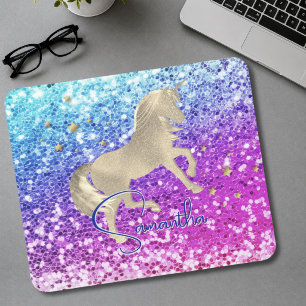 Tapis De Souris Joli licorne rose strass arc-en-ciel monogramme or