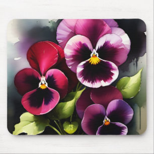 Tapis De Souris Joli marron noir rouge pansies aquarelle peinture