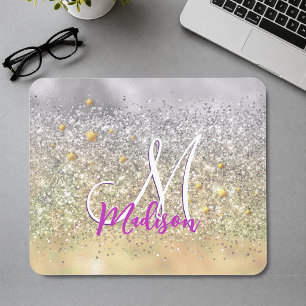 Tapis De Souris Joli monogramme étoiles paillettes or argent
