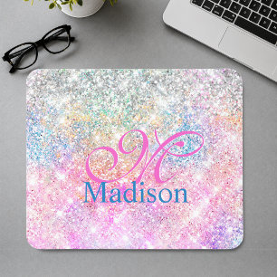Tapis De Souris Joli monogramme licorne iridescent rose pailleté
