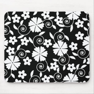 Tapis De Souris Joli motif de fleurs tourbillonnantes noir et blan