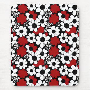Tapis De Souris Joli motif floral en rouge, noir et blanc