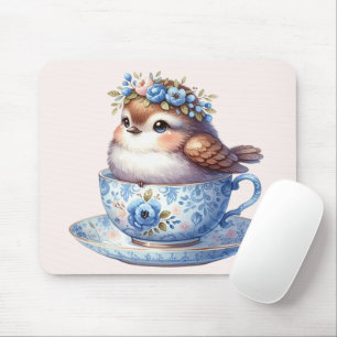 Tapis De Souris Joli Oiseau dans une Tasse à Thé Florale Art Cotta