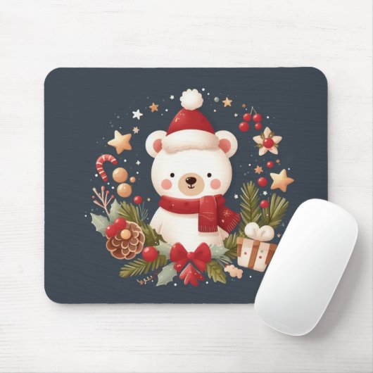 Tapis De Souris Joli ours de Noël/d'hiver en couronne (Avec souris)