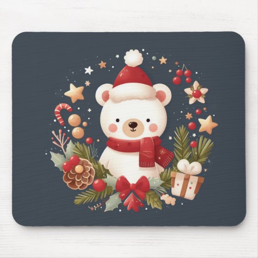 Tapis De Souris Joli ours de Noël/d'hiver en couronne (Devant)