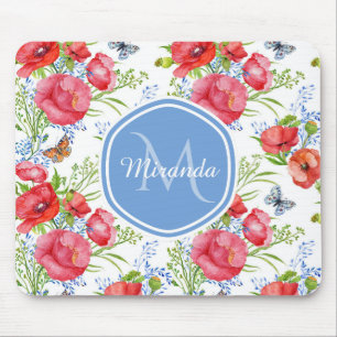 Tapis De Souris Joli Poppies rouges avec papillons bleus et nom