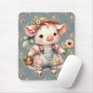 Tapis De Souris Joli Porcelet Pastel en Salopette Cottagecore