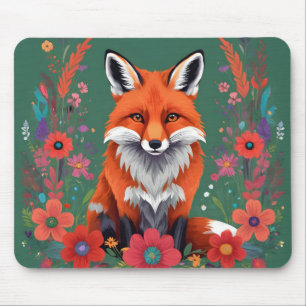 Tapis De Souris Joli renard rouge et fleurs