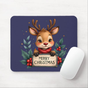 Tapis De Souris Joli Renne de Noël avec Houx et Panneau