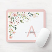 Tapis De Souris Joli rose Floral Script Monogramme Nom initial (Avec souris)