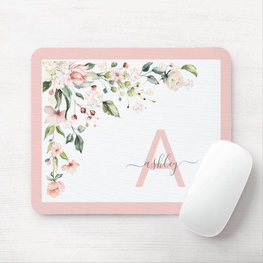 Tapis De Souris Joli rose Floral Script Monogramme Nom initial (Avec souris)