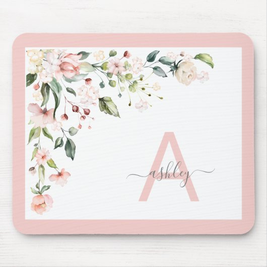 Tapis De Souris Joli rose Floral Script Monogramme Nom initial (Devant)