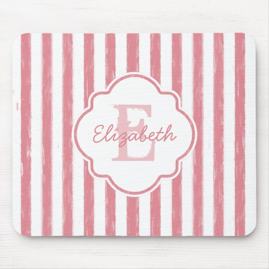 Tapis De Souris Joli rose peint rayures Monogramme et nom (Devant)