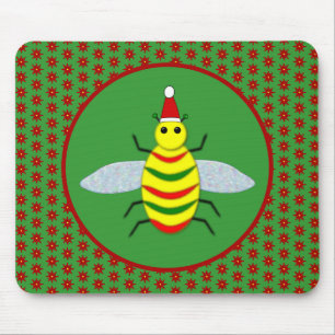 Tapis De Souris Jolie abeille de Noël et fleurs de Poinsettia
