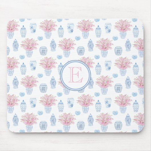 Tapis De Souris Jolie Chinoiserie Rose Et Bleue Aquarelle (Devant)