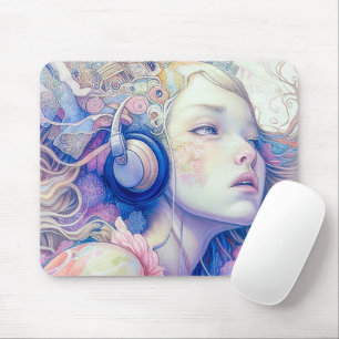 Tapis De Souris Jolie Fille avec Musique de Casque Écouteurs Art M