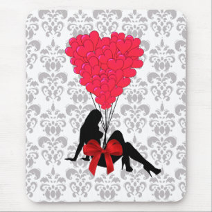 Tapis De Souris Jolie fille Valentines coeur sur damask