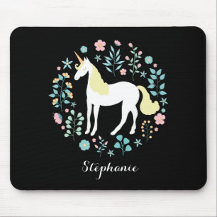 Tapis De Souris Jolie licorne & Fleurs Noir Personnalisé