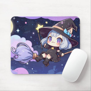 Tapis De Souris Jolie petite sorcière chibi volant dans le ciel no