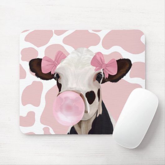 Tapis De Souris Jolie vache fille soufflant Bubblegum rose (Avec souris)