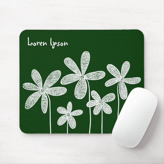 Tapis De Souris Jolies fleurs - Blanc sur Vert foncé (Avec souris)