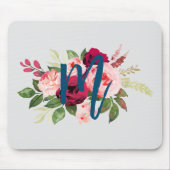 Tapis De Souris Jolies fleurs d'aquarelle Initiale rose et bleu (Devant)