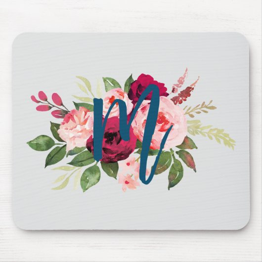 Tapis De Souris Jolies fleurs d'aquarelle Initiale rose et bleu (Devant)