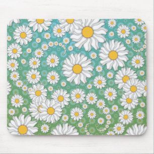 Tapis De Souris Jolies marguerites blanches sur fond bleu-vert