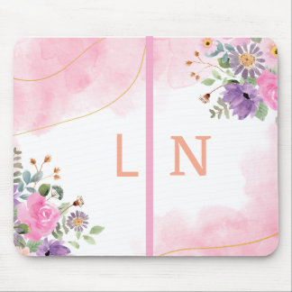 Tapis De Souris Journa de monogramme floral élégant violet rose