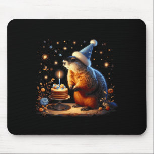 Tapis De Souris Joyeuse fête de la marmotte avec gâteau d'annivers