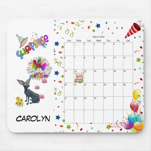Tapis De Souris Joyeux anniversaire Mars 2022 Calendrier Pad souri (Devant)