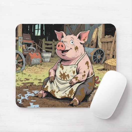 Tapis De Souris Joyeux cochon de dessin dans une ferme (Avec souris)