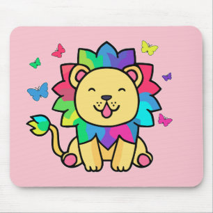 Tapis De Souris Joyeux lion souriant avec des papillons.