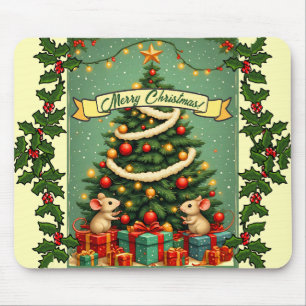 Tapis De Souris Joyeux Noël Arbre Victorien Rouge Vert Houx