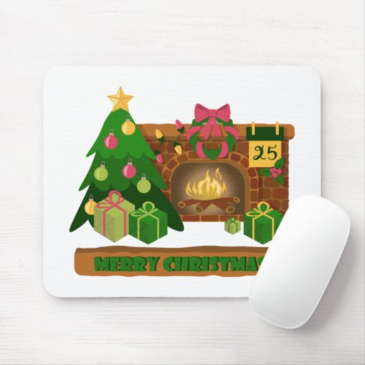 Tapis De Souris Joyeux Noël près de la cheminée bonfire xmas arbre (Avec souris)