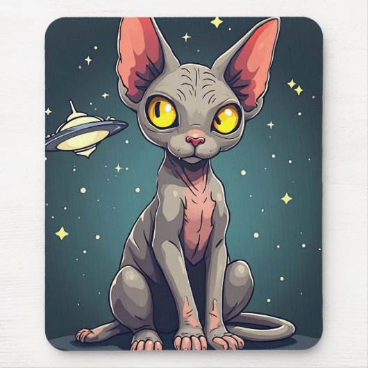 Tapis De Souris Judging Sphynx Cat UFO Space Cartoon Art (Devant)