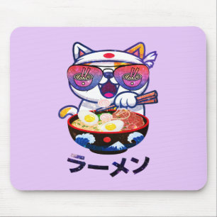 Tapis De Souris Kawaii Chat Manger Ramen - Jolies nouilles japonai