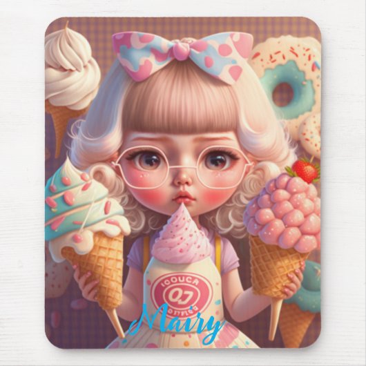 Tapis De Souris Kawaii fille mignonne avec des glaces (Devant)