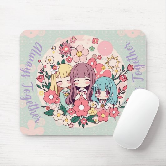 Tapis De Souris Kawaii Trio - Mignonnes Filles Anime & Vibes Flora (Avec souris)