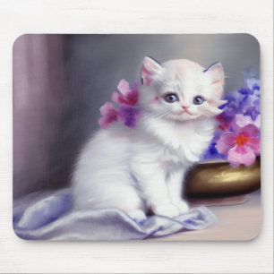 Tapis De Souris Kitten blanc vintage aux fleurs roses et violettes