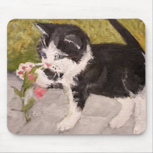 Tapis De Souris Kitten Jouer avec Fleur rose