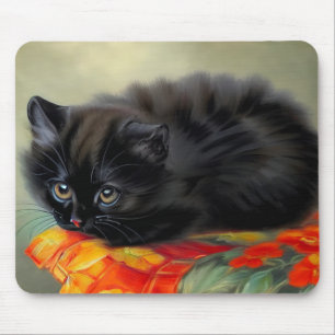 Tapis De Souris Kitten noir vintage avec couverture de fleurs roug