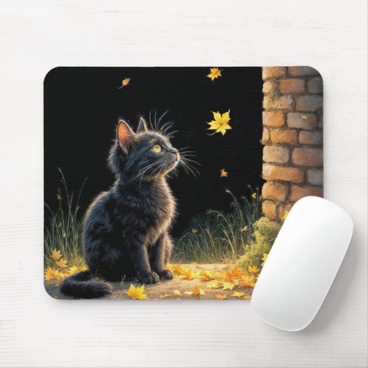Tapis De Souris Kitten regarde une feuille d'automne en chute (Avec souris)
