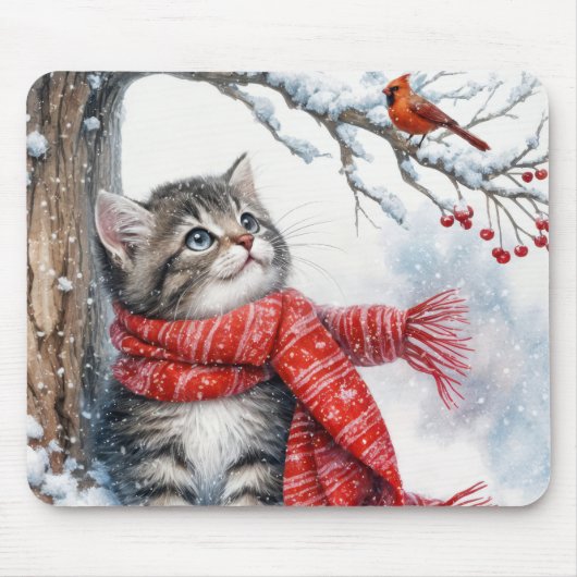 Tapis De Souris Kitty regarde un cardinal dans les flocons de neig (Devant)