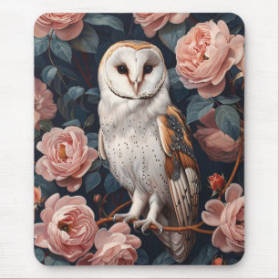 Tapis De Souris La Chouette D'Écorce Perchée Parmi Les Roses Roses