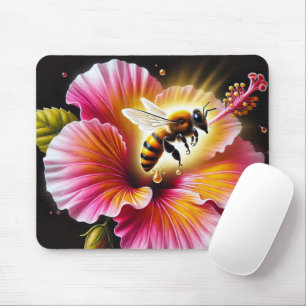Tapis De Souris L'abeille de miel pollinise un Hibiscus lumineux e